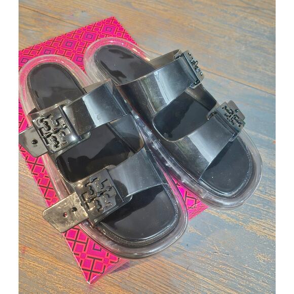 TORY BURCH $228 BLACK BUCKLE JELLY SLIDE SANDAL Shoes Sz 9 Summer Beach pool - Picture 1 of 16